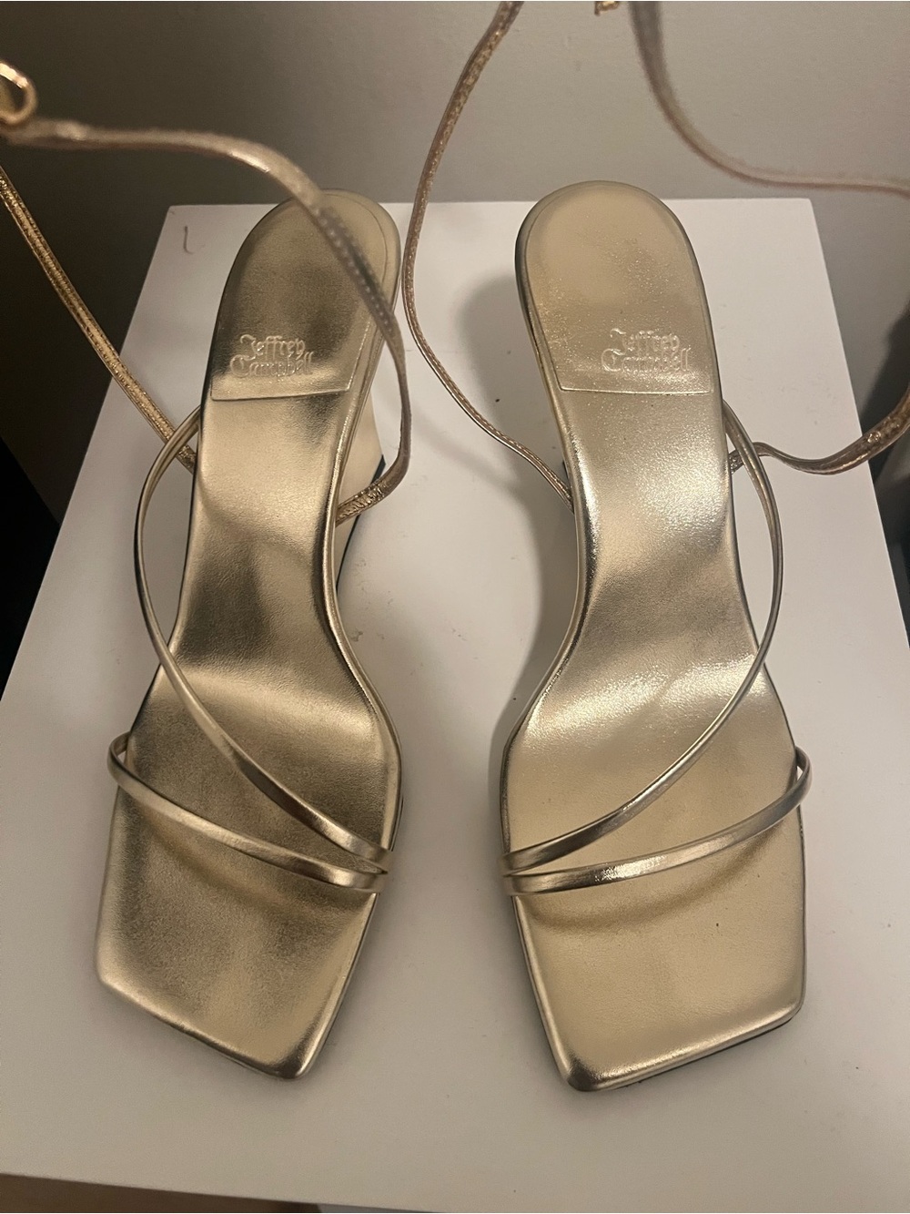 Jeffrey Campbell Metallic Gold Strappy Square-Toe Heels